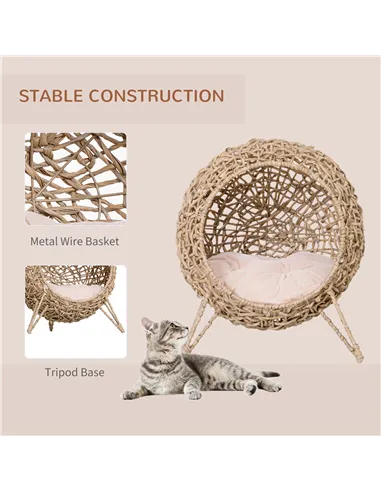 PawHut Wicker Cat Bed, Ball-Shaped Rattan Elevated Cat Basket with Three Tripod Legs, Cushion - Natural Wood Finish