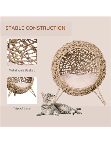 PawHut Wicker Cat Bed, Ball-Shaped Rattan Elevated Cat Basket with Three Tripod Legs, Cushion - Natural Wood Finish