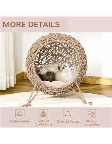 PawHut Wicker Cat Bed, Ball-Shaped Rattan Elevated Cat Basket with Three Tripod Legs, Cushion - Natural Wood Finish