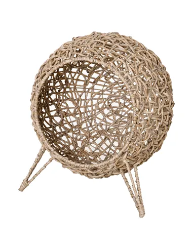 PawHut Wicker Cat Bed, Ball-Shaped Rattan Elevated Cat Basket with Three Tripod Legs, Cushion - Natural Wood Finish