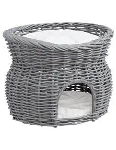 PawHut 2-Tier Wicker Cat House Elevated Pet Bed Basket Willow Kitten Tower Pet Den. with Washable Cushions 56x37x40cm Grey