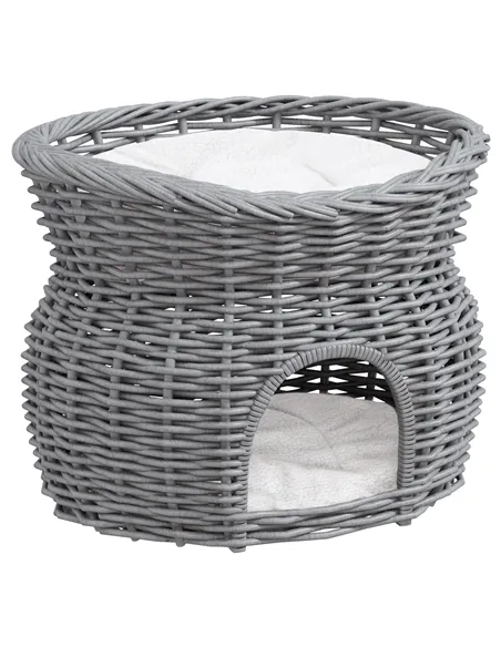 PawHut 2-Tier Wicker Cat House Elevated Pet Bed Basket Willow Kitten Tower Pet Den. with Washable Cushions 56x37x40cm Grey