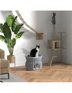PawHut 2-Tier Wicker Cat House Elevated Pet Bed Basket Willow Kitten Tower Pet Den. with Washable Cushions 56x37x40cm Grey 2