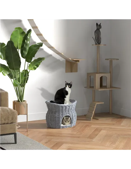 PawHut 2-Tier Wicker Cat House Elevated Pet Bed Basket Willow Kitten Tower Pet Den. with Washable Cushions 56x37x40cm Grey
