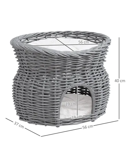 PawHut 2-Tier Wicker Cat House Elevated Pet Bed Basket Willow Kitten Tower Pet Den. with Washable Cushions 56x37x40cm Grey