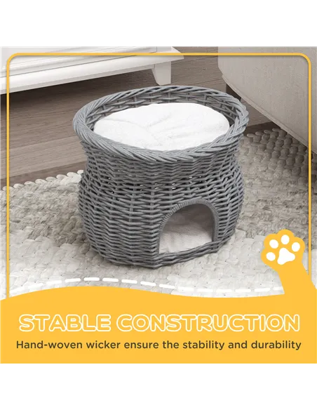 PawHut 2-Tier Wicker Cat House Elevated Pet Bed Basket Willow Kitten Tower Pet Den. with Washable Cushions 56x37x40cm Grey