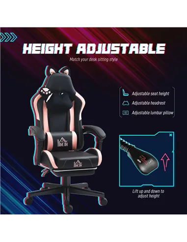 HOMCOM Cat Ear and Paw Reclining Office Chair, with Footrest - Black/Pink