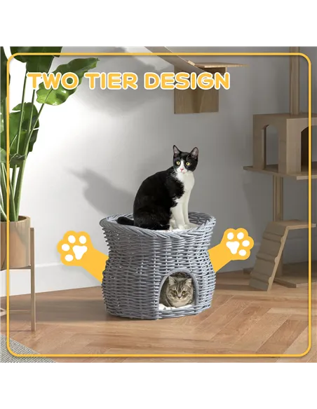PawHut 2-Tier Wicker Cat House Elevated Pet Bed Basket Willow Kitten Tower Pet Den. with Washable Cushions 56x37x40cm Grey