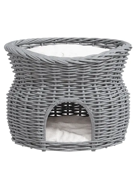 PawHut 2-Tier Wicker Cat House Elevated Pet Bed Basket Willow Kitten Tower Pet Den. with Washable Cushions 56x37x40cm Grey