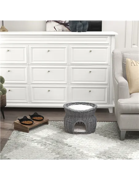 PawHut 2-Tier Wicker Cat House Elevated Pet Bed Basket Willow Kitten Tower Pet Den. with Washable Cushions 56x37x40cm Grey