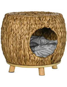 PawHut Wicker Cat Bed Cat House Stool with Washable Cushion, 44 x 43 x 41cm