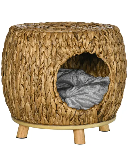 PawHut Wicker Cat Bed Cat House Stool with Washable Cushion, 44 x 43 x 41cm