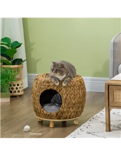 PawHut Wicker Cat Bed Cat House Stool with Washable Cushion, 44 x 43 x 41cm 2