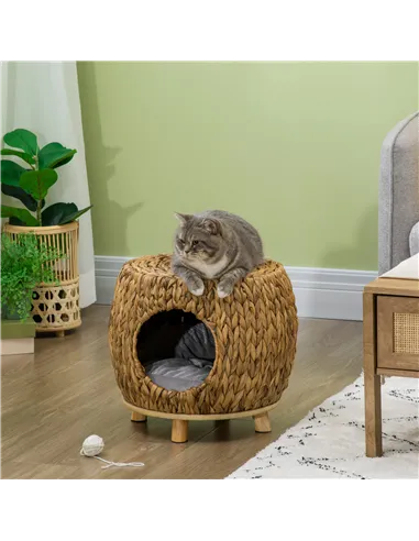 PawHut Wicker Cat Bed Cat House Stool with Washable Cushion, 44 x 43 x 41cm