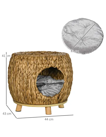 PawHut Wicker Cat Bed Cat House Stool with Washable Cushion, 44 x 43 x 41cm