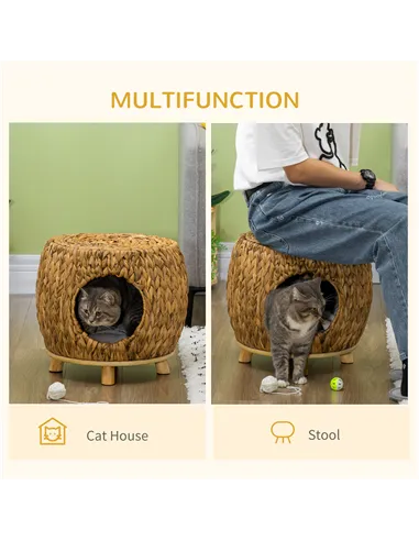 PawHut Wicker Cat Bed Cat House Stool with Washable Cushion, 44 x 43 x 41cm
