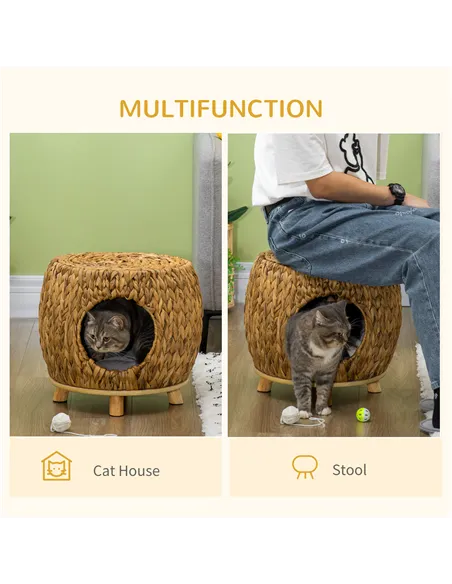 PawHut Wicker Cat Bed Cat House Stool with Washable Cushion, 44 x 43 x 41cm
