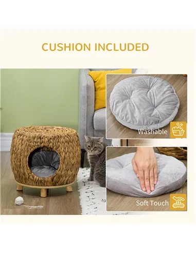 PawHut Wicker Cat Bed Cat House Stool with Washable Cushion, 44 x 43 x 41cm
