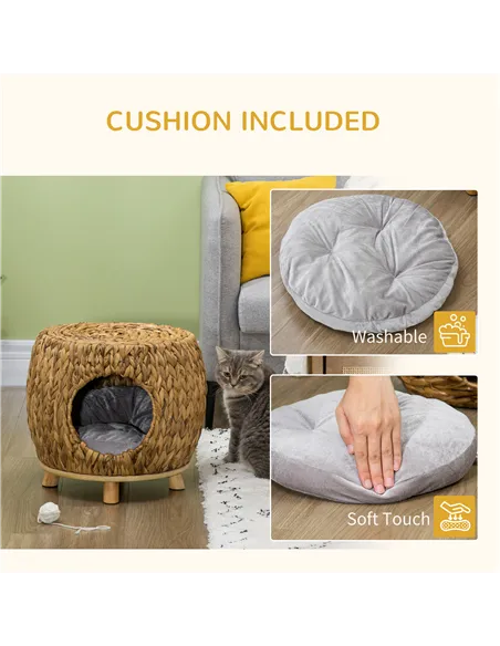 PawHut Wicker Cat Bed Cat House Stool with Washable Cushion, 44 x 43 x 41cm