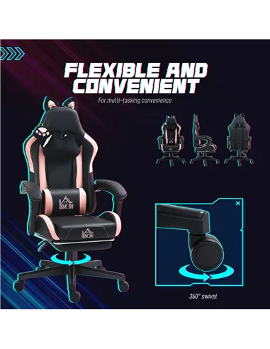 HOMCOM Cat Ear and Paw Reclining Office Chair, with Footrest - Black/Pink
