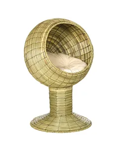 PawHut Raised Detachable Cat house, Natural Mat Grass Cat Bed, with Cushion