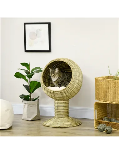 PawHut Raised Detachable Cat house, Natural Mat Grass Cat Bed, with Cushion
