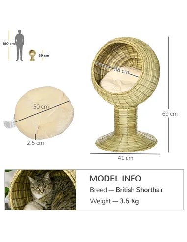 PawHut Raised Detachable Cat house, Natural Mat Grass Cat Bed, with Cushion