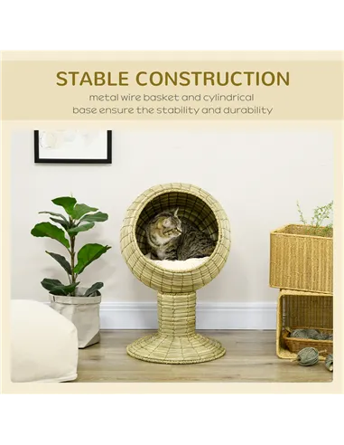 PawHut Raised Detachable Cat house, Natural Mat Grass Cat Bed, with Cushion