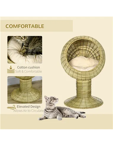 PawHut Raised Detachable Cat house, Natural Mat Grass Cat Bed, with Cushion