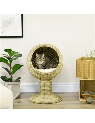 PawHut Raised Detachable Cat house, Natural Mat Grass Cat Bed, with Cushion