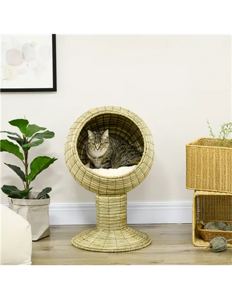 PawHut Raised Detachable Cat house, Natural Mat Grass Cat Bed, with Cushion
