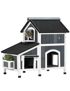 PawHut Wooden Cat House with Flower Pot, Windows, Multiple Entrances, Water-Resistant Roof for Outdoor - Grey