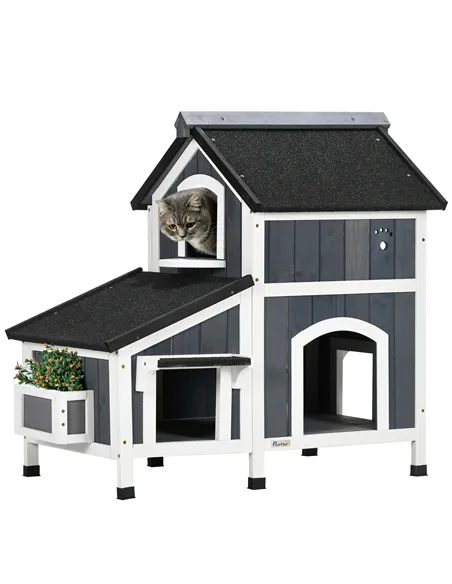 PawHut Wooden Cat House with Flower Pot, Windows, Multiple Entrances, Water-Resistant Roof for Outdoor - Grey