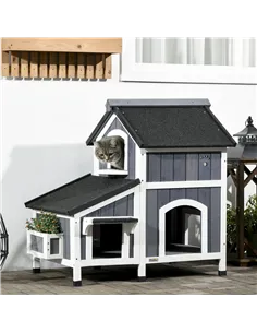 PawHut Wooden Cat House with Flower Pot, Windows, Multiple Entrances, Water-Resistant Roof for Outdoor - Grey 2