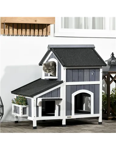 PawHut Wooden Cat House with Flower Pot, Windows, Multiple Entrances, Water-Resistant Roof for Outdoor - Grey