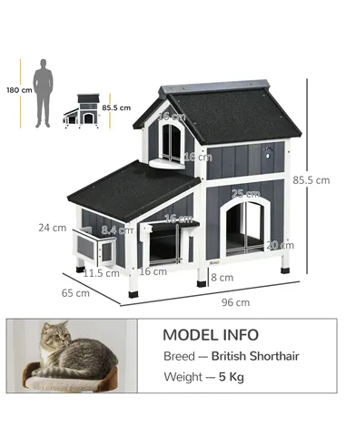 PawHut Wooden Cat House with Flower Pot, Windows, Multiple Entrances, Water-Resistant Roof for Outdoor - Grey