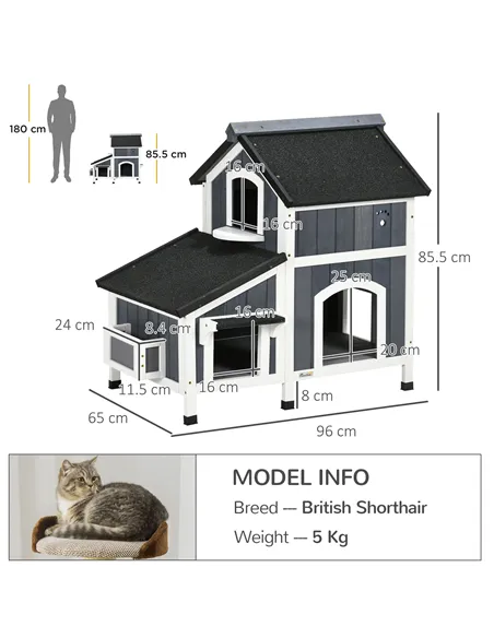 PawHut Wooden Cat House with Flower Pot, Windows, Multiple Entrances, Water-Resistant Roof for Outdoor - Grey