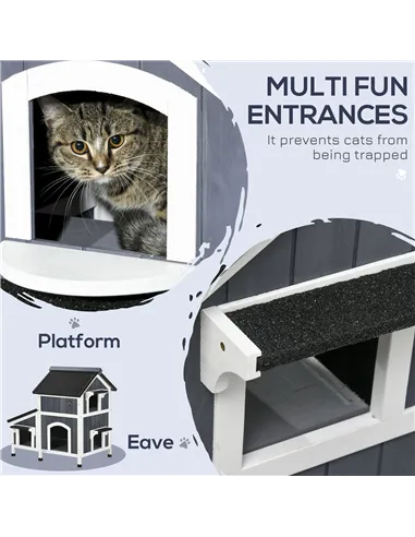 PawHut Wooden Cat House with Flower Pot, Windows, Multiple Entrances, Water-Resistant Roof for Outdoor - Grey