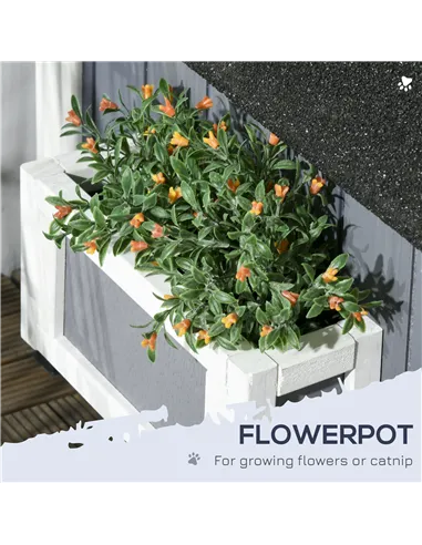 PawHut Wooden Cat House with Flower Pot, Windows, Multiple Entrances, Water-Resistant Roof for Outdoor - Grey