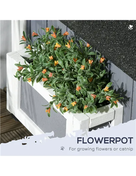 PawHut Wooden Cat House with Flower Pot, Windows, Multiple Entrances, Water-Resistant Roof for Outdoor - Grey
