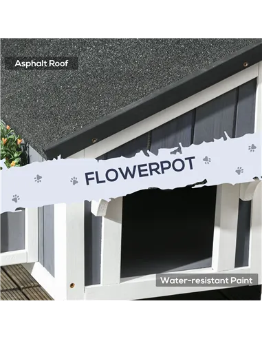 PawHut Wooden Cat House with Flower Pot, Windows, Multiple Entrances, Water-Resistant Roof for Outdoor - Grey