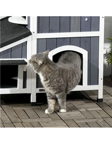 PawHut Wooden Cat House with Flower Pot, Windows, Multiple Entrances, Water-Resistant Roof for Outdoor - Grey