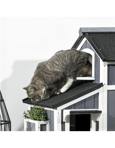 PawHut Wooden Cat House with Flower Pot, Windows, Multiple Entrances, Water-Resistant Roof for Outdoor - Grey