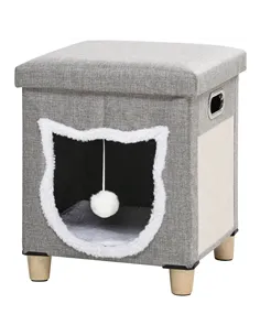 PawHut Cat House Cave, Cat Bed Cube with Scratching Pad, Soft Detachable & Washable Cushion, Toy Ball, for Indoor Kittens, Grey