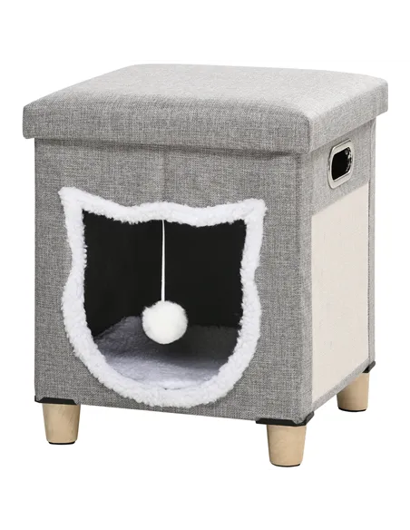 PawHut Cat House Cave, Cat Bed Cube with Scratching Pad, Soft Detachable & Washable Cushion, Toy Ball, for Indoor Kittens, Grey