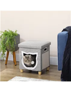 PawHut Cat House Cave, Cat Bed Cube with Scratching Pad, Soft Detachable & Washable Cushion, Toy Ball, for Indoor Kittens, Grey 2