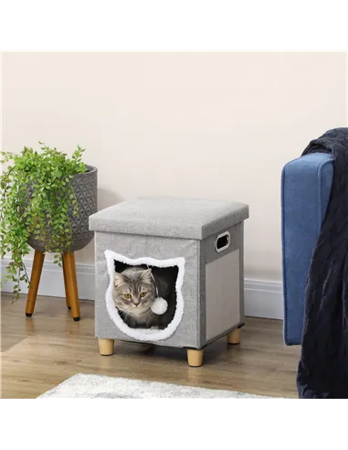 PawHut Cat House Cave, Cat Bed Cube with Scratching Pad, Soft Detachable & Washable Cushion, Toy Ball, for Indoor Kittens, Grey