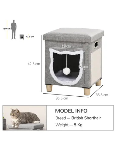 PawHut Cat House Cave, Cat Bed Cube with Scratching Pad, Soft Detachable & Washable Cushion, Toy Ball, for Indoor Kittens, Grey
