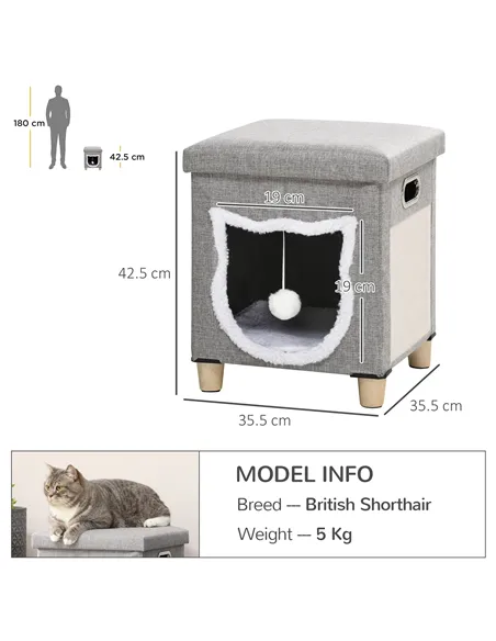 PawHut Cat House Cave, Cat Bed Cube with Scratching Pad, Soft Detachable & Washable Cushion, Toy Ball, for Indoor Kittens, Grey