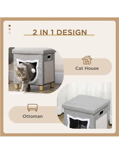 PawHut Cat House Cave, Cat Bed Cube with Scratching Pad, Soft Detachable & Washable Cushion, Toy Ball, for Indoor Kittens, Grey